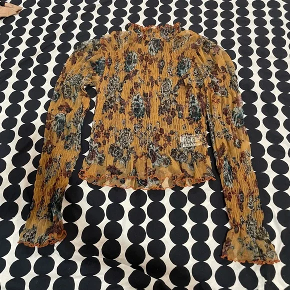 Free People Mesh Floral Ruffle Long Sleeve Top, Sz Small - Picture 1 of 8